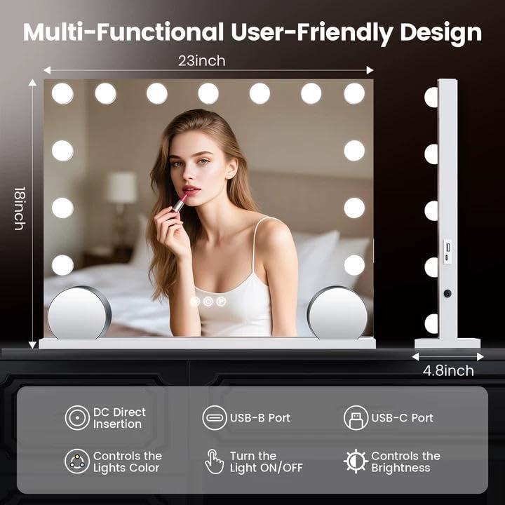imageVESAUR Large Vanity Mirror with Lights Hollywood Makeup Mirror with 15 Dimmable Bulbs 3 Light Colors Detachable 1X10X15X Magnification USBTypeC Dual Power Tabletop ampampWall Mount Senior Aluminum