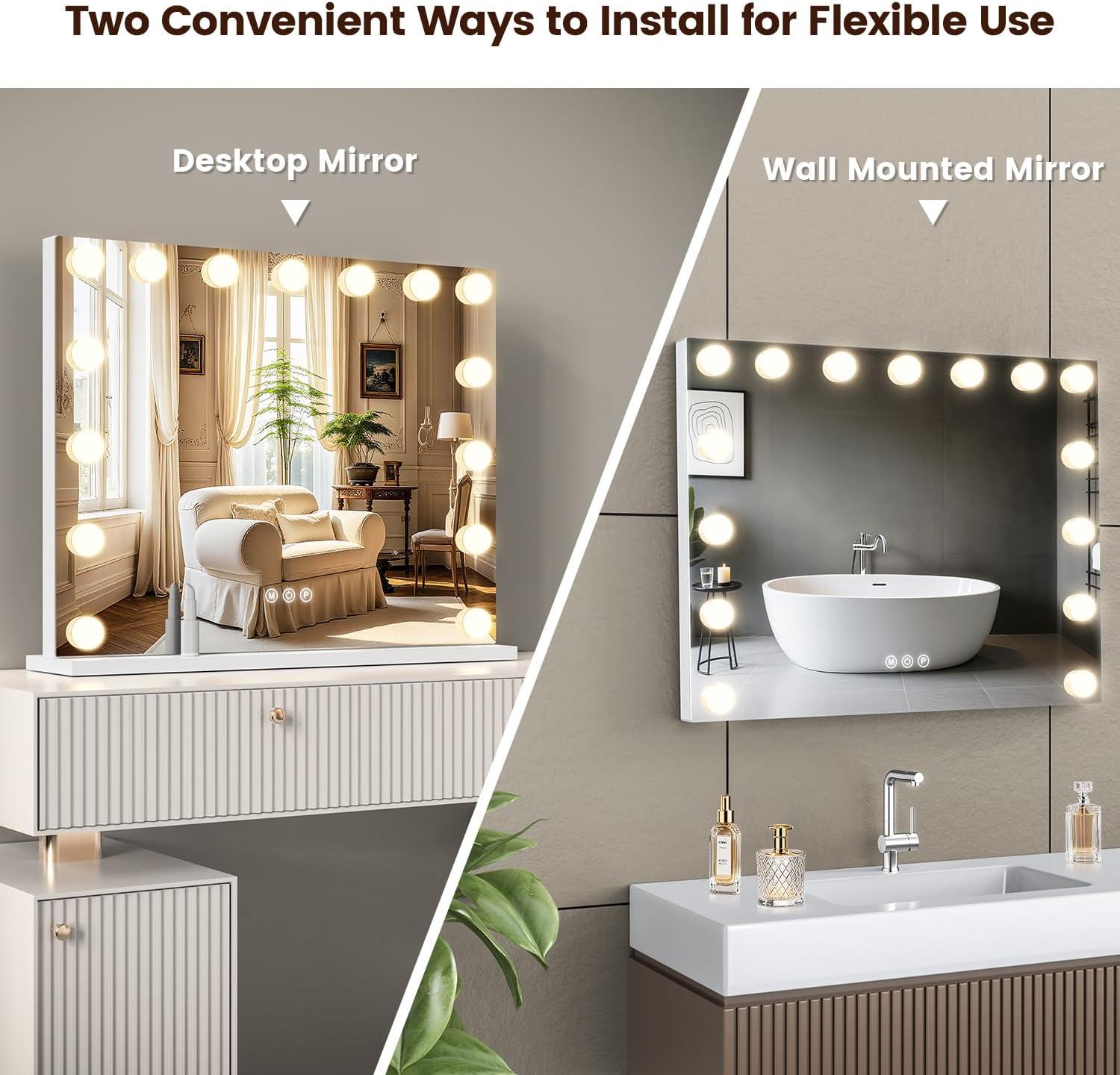 imageVESAUR Large Vanity Mirror with Lights Hollywood Makeup Mirror with 15 Dimmable Bulbs 3 Light Colors Detachable 1X10X15X Magnification USBTypeC Dual Power Tabletop ampampWall Mount Senior Aluminum