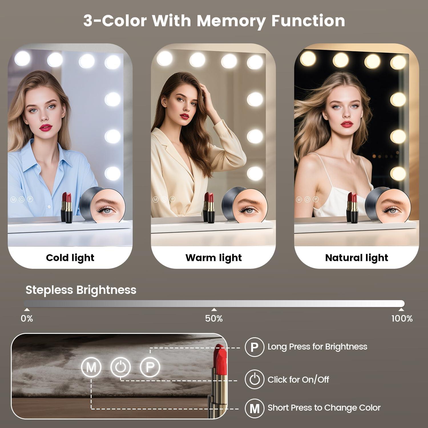 imageVESAUR Large Vanity Mirror with Lights Hollywood Makeup Mirror with 15 Dimmable Bulbs 3 Light Colors Detachable 1X10X15X Magnification USBTypeC Dual Power Tabletop ampampWall Mount Senior Aluminum