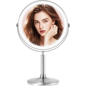 image4000mAh Large Rechargeable Lighted Makeup Mirror Nickel 2Sided 1X10X HD Undistorted 8quot Magnifying Mirror with 3 Color Lights Dimmable 360 Swivel Seamless Cordless Travel Vanity Mirror Detachable