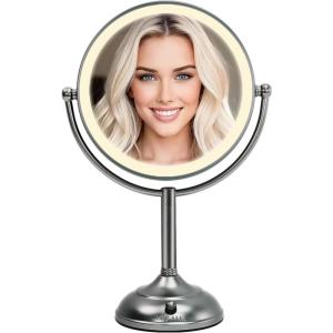 imageProfessional 85quot Large Lighted Makeup Mirror with Brighter Lights 1X10X True HD Magnifying Mirror with 3 Color Dimmable Lights 90 Shadowless LEDs 360Swivel Seamless Vanity Mirror Pearl NickelBlack Nickel